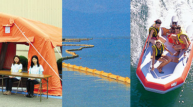 アキレス 高耐候性ゴム引布 CSM使用例 テント 海上浮袋 ゴムボート