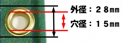 ハトメは＃30使用で、穴径15mmの大きいハトメ